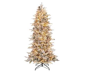 COSTWAY 6 FT Pre-lit Artificial Christmas Tree, Flocked Hinged Xmas Tree with 715 Branch Tips, 36 Natural Pine Cones and 210 Warm White Incandescent Lights, Holiday Celebration Tree