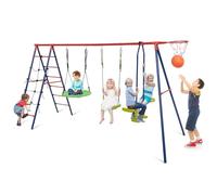 COSTWAY 6 in 1 Kids Swing Set, Heavy Duty Metal Swing Frame with 2 Swings, Glider, Basketball Hoop, Climbing Ladder and Net, Children Playground Playset for Backyard Garden (Red)
