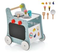 Costway 6-in-1 Wooden Baby Walker Activity Wooden Toy Activity Center w/ Play Kitchen in Blue COSTWAY Blue