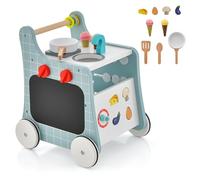 COSTWAY 6-in-1 Wooden Baby Walker, Toddler Push and Pull Learning Activity Center with Wheels, Teaching Clock, Shape Matching & Movable Slider, Pretend Play Kitchen for 12 Months + (Blue)