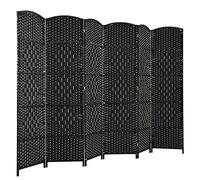 COSTWAY 6 Panel Folding Room Divider, Hand-Woven Wicker Freestanding Wall Privacy Screen Protector, Solid Wood Frame Paravent Partition Separator for Living Room, Bedroom and Office, 271x180cm (Black)