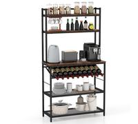 Costway 6-Tier Kitchen Baker Rack Industrial Storage Shelf Microwave Stand w/ Slanted Wine Bottle Holder in Brown COSTWAY Brown