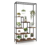 COSTWAY 6-tier Tall Plant Stand, 180cm Metal Indoor Flower Pots Rack with 10 Hanging Hooks & Wire Shelf, Multipurpose Plant Display Holder Storage Organizer for Patio Garden Balcony (Black + Brown)