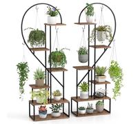 COSTWAY 6-Tier Tall Plant Stand, 2-Pack Heart-Shaped Ladder Flower Shelf with 6 Hanging Hooks & Anti-Tipping Kits, Indoor Outdoor Metal Display Rack Pot Holder for Patio Balcony (Rustic Brown+Black)