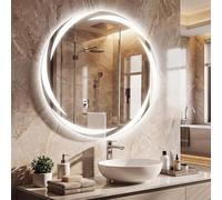 COSTWAY 600mm/700mm Round Bathroom Mirror with LED Lights, Illuminated Wall Mounted Vanity Mirror with Anti-Fog, 3-Color Dimmable & Memory Function, Tempered Glass LED Makeup Wall Mirrors, IP44 (70cm)