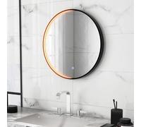 COSTWAY 600mm Round Bathroom Mirror with LED Lights, Illuminated Wall Mounted Vanity Mirror with 3-Color Dimmable, Demister and Touch Switch, Anti-Fog Black Frame Large Circle LED Makeup Wall Mirror