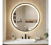 COSTWAY 600mm Round Bathroom Mirror with LED Lights, Illuminated Wall Mounted Vanity Mirror with 3-Color Dimmable & Touch Switch, Anti-Fog Large Circle LED Makeup Wall Mirror