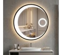 COSTWAY 600mm Round Bathroom Mirror with LED Lights, Illuminated Wall Mounted Vanity Mirror with 3-Color Dimmable, Touch Switch & 3X Magnifying Mirror, Anti-Fog Large Circle LED Makeup Wall Mirror