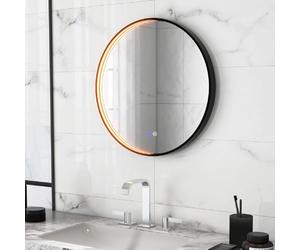 COSTWAY 600mm Round Bathroom Mirror with LED Lights, Illuminated Wall Mounted Vanity Mirror with 3-Color Dimmable, Demister and Touch Switch, Anti-Fog Black Frame Large Circle LED Makeup Wall Mirror