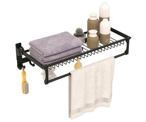 COSTWAY 60cm/23-Inch Foldable Towel Rack Wall Mounted, 2 Tier Black Aluminium Towel Rail with Adjustable Towel Bar and 9 Hooks, Drill/Self Adhesive Bath Shelf Towel Holder for Bathroom Kitchen Toilet