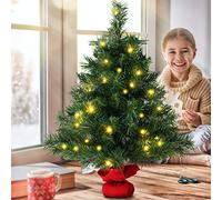 COSTWAY 60CM/90CM Pre Lit Christmas Tree, 2FT/3FT Table Top Artificial Xmas Tree with Base, LED Lights, Small Indoor Christmas Decoration and Gift (2FT, Green With 35 Lights)