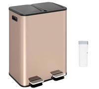 COSTWAY 60L Double Rubbish Bin, 2x30L Stainless Steel Recycle Pedal Kitchen Bin with Removable Buckets, Deodorizer Box, Soft Close Lid & Handles, Airtight Dustbin Trash Can (Gold with 15 Trash Bags)