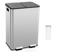 COSTWAY 60L Double Rubbish Bin, 2x30L Stainless Steel Recycle Pedal Kitchen Bin with Removable Buckets, Deodorizer Box, Soft Close Lid & Handles, Airtight Dustbin Trash Can (Silver with 15 Trash Bags)