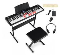 COSTWAY 61 Key Digital Piano Keyboard, Electric Piano with Adjustable Stand & Stool, 128 Rhythms, 128 Tones, 80 Demos, Note Sticker, Portable Keyboard Kit for Beginners, Kids, Adults, Black