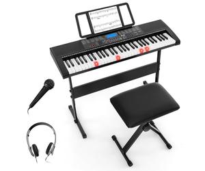 COSTWAY 61 Key Digital Piano Keyboard, Electric Piano with Stand, Bench, Light-up Keys, Headphone, Microphone, Built-In Speakers, Portable Keyboard for Beginners, Kids, Adults