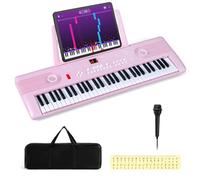 COSTWAY 61 Key Keyboard Piano, Portable Digital Piano with Microphone, Keynote Stickers, Carrying Case, Electric Piano for Beginners (Pink)