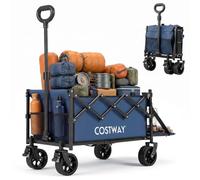 COSTWAY 63-92L Folding Trolley Cart, 150kg Load, Adjustable Handle (Blue) | Expandable Festival Wagon Trolley, All-Terrain Wheels, Side Mesh Pockets, Outdoor Camping Carts for Beach Shopping Sports