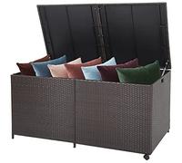 COSTWAY 660L Rattan Garden Storage Box with Wheels & Zippered Liner | Waterproof Deck Box with Pneumatic Rod and Handles, Outdoor Patio Wicker Chest Bench Table for Cushion Tool