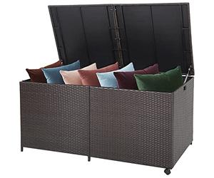 COSTWAY 660L Rattan Garden Storage Box with Wheels & Zippered Liner | Waterproof Deck Box with Pneumatic Rod and Handles, Outdoor Patio Wicker Chest Bench Table for Cushion Tool