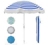 COSTWAY 6FT/6.5FT Beach Parasols with Fringe, UPF50+ Sun Protection Sunshade Shelter with Push Button Tilt, Outdoor Waterproof Tassel Umbrella for Garden Lawn Poolside (Navy Blue, 6.5ft)