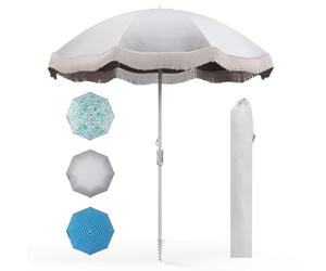 COSTWAY 6FT/6.5FT Beach Parasols with Fringe, UPF50+ Sun Protection Sunshade Shelter with Push Button Tilt, Outdoor Waterproof Tassel Umbrella for Garden Lawn Poolside (Cream White, 6.5ft)