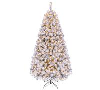 COSTWAY 6FT Flocked Christmas Tree, Pre-Lit Artificial Decoration Tree with 600 PVC Branch Tips and 250 LED Lights, Hinged Holiday Celebration Tree for Home, School and Carnival (6FT)