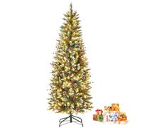 COSTWAY 6FT Pre-Lit Artificial Christmas Tree, Slim Pencil Xmas Tree with 618 Snowy Branch Tips, 280 Warm-White LED Lights and Metal Stand, Indoor Festive Holiday Party Decor