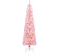COSTWAY 6FT Pre-Lit Artificial Christmas Tree, Slim Pencil Xmas Tree with Branch Tips and LED Lights, Xmas Holiday Office Home Decor (180 cm, Pink-with 140 Lights)
