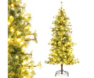 COSTWAY 6FT Pre-Lit Artificial Christmas Tree, Xmas Tree with 370 Branch Tips, Needles, 22 Natural Pine Cones & 200 Warm White LED Lights, Lighted Holiday Tree for Home Office