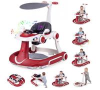 COSTWAY 7 in 1 Baby Walker, Portable Push Along Walkers (Red+White) | with Canopy, 3 Adjustable Heights, Music, Lights & Anti-rollover, Toddler Activity Center for 7-18 Months
