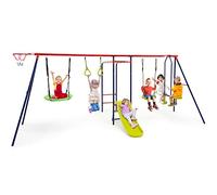 COSTWAY 7-in-1 Kids Swing Set, Heavy Duty Swing Stand with 2 Swings, Slide, Glider, Gym Rings, Monkey Bars and Basketball Hoop, Children Playground Equipment Set for Backyard Garden Yard (Red+Blue)
