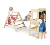COSTWAY 7 in 1 Toddler Climbing Frame, Indoor Kids Climber Ladder with Reversible Ramp, Chalkboard, Step Stool, Wooden Montessori Play Gym Set for Boys Girls (Natural)