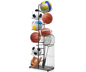 COSTWAY 7-Tier Ball Storage Rack, Metal Basketball Stand Ball Holder with 7 Removable Hanging Rods and Side Basket, Vertical Sports Equipment Organizer for Garage