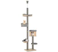 COSTWAY 7 Tier Tall Cat Tower, Adjustable Height 255-280cm, Cat Condo, Scratching Posts, Cattail Basket Bed, Hammock, Climbing Activity Center for Indoor Cats