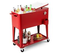 COSTWAY 75L Rolling Ice Chest, Portable Patio Beverage Cooler Cart with Bottle Opener and Wheels, Outdoor BBQ Bar Party Drink Ice Bucket Trolley (Red, with Shelf)