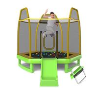 COSTWAY 7ft Kids Trampoline, Hexagonal Trampolines with Slide, Ladder, Safety Enclosure Net and Ocean Balls, Toddler Jumping House for Indoor Outdoor (Green + Yellow)