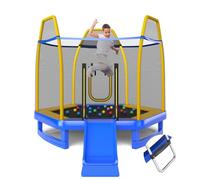 COSTWAY 7ft Kids Trampoline, Hexagonal Trampolines with Slide, Ladder, Safety Enclosure Net and Ocean Balls, Toddler Jumping House for Indoor Outdoor (Blue + Yellow)