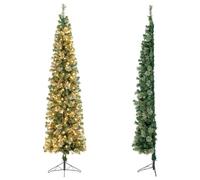 COSTWAY 7FT Pre-Lit Half Christmas Tree, Space-Saving Corner Xmas Trees with 150 LED Lights and Foldable Metal Stand, for Office Home Holiday Decor (Green, PVC + Pine)