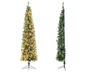 COSTWAY 7FT Pre-Lit Half Christmas Tree, Space-Saving Corner Xmas Trees with 150 LED Lights and Foldable Metal Stand, for Office Home Holiday Decor (Green, PVC + Pine)