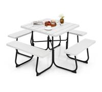 Costway 8 Person Square Picnic Table Bench Set Outdoor Circular Table W/ 4 Benches & Umbrella Hole, White