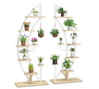 COSTWAY 8-Tier Tall Plant Stand, Curved Half Moon Ladder Display Rack with Top Hook & Anti-Toppling Device, Metal Flower Shelf Pot Holder for Indoor Outdoor Balcony Garden Yard (2 PCS, Natural+White)