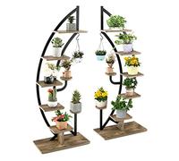 COSTWAY 8-Tier Tall Plant Stand, Curved Half Moon Ladder Display Rack with Top Hook & Anti-Toppling Device, Metal Flower Shelf Pot Holder for Indoor Outdoor Balcony Garden Yard (2 PCS, Brown + Black)