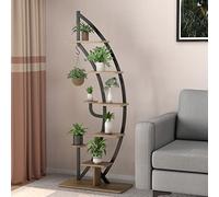 COSTWAY 8-Tier Tall Plant Stand, Curved Half Moon Ladder Display Rack with Top Hook & Anti-Toppling Device, Metal Flower Shelf Pot Holder for Indoor Outdoor Balcony Garden Yard (1 PCS, Brown + Black)