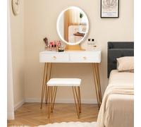 Costway 80 Cm Vanity Set W/ Lighted Mirror Makeup Dressing Table W/ Cushioned Stool-White
