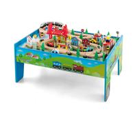Costway 80 PCS Wooden Train Track Railway Playset Activity Table with Storage Drawer COSTWAY Multicolor
