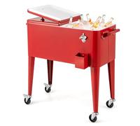 COSTWAY 80-Quart Rolling Ice Chest, Stainless Steel Beverage Cooler Cart with Wheels, Bottle Opener & Drainage Hole, Bar Party Drink Ice Bucket Trolley (Red, without Shelf)