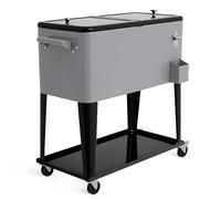 COSTWAY 80-Quart Rolling Ice Chest, Stainless Steel Beverage Cooler Cart with Wheels, Bottle Opener & Drainage Hole, Bar Party Drink Ice Bucket Trolley (Grey, with Shelf)