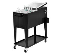 COSTWAY 80-Quart Rolling Ice Chest, Stainless Steel Beverage Cooler Cart with Wheels, Bottle Opener & Drainage Hole, Bar Party Drink Ice Bucket Trolley(Black, with Shelf)