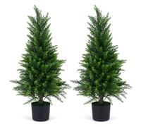COSTWAY 80CM/90CM/120CM Artificial Topiary Cedar Cypress Tree, Indoor Outdoor Fake Tree with Cement Plastic Pot, UV Rated Faux Potted Plants for Front Porch Patio Decor (2,90CM Cedar Tree)