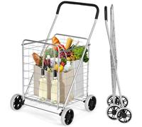 COSTWAY 83L Folding Shopping Trolley on Wheels, Metal Utility Push/Pull Cart with Foam Covered Handle, Portable Luggage Grocery Carts for Supermarket Laundry Mobility (Silver)